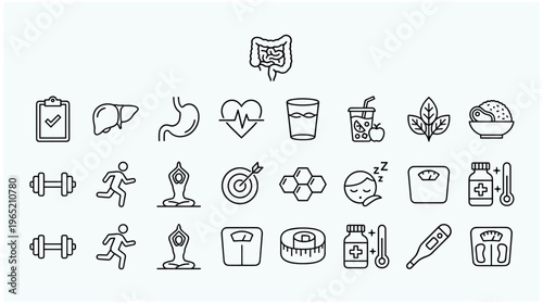Vector icons of healthy lifestyle and wellness on white background