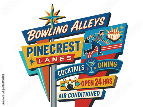 Vibrant Mid-Century American Bowling Alley Signboard Illustration with Retro Design Elements and Leisure Activity Advertising