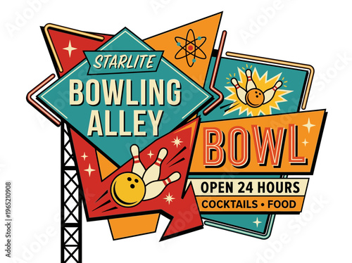 Vibrant mid-century American bowling alley sign illustration, a retro graphic promoting fun leisure, entertainment, drinks, and food.
