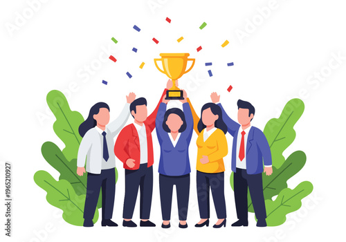 Modern flat vector illustration of employees celebrating company milestone with trophy and confetti, corporate achievement concept