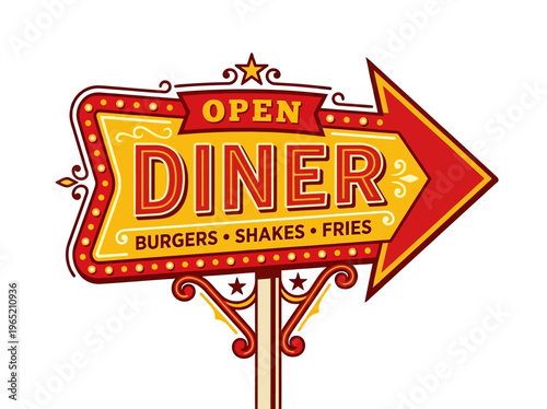 A vibrant classic retro American diner arrow sign illustration, inviting customers to enjoy popular menu items like burgers, shakes, and fries.