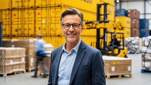 Mature Caucasian male logistics director smiling in a distribution center with shipping containers