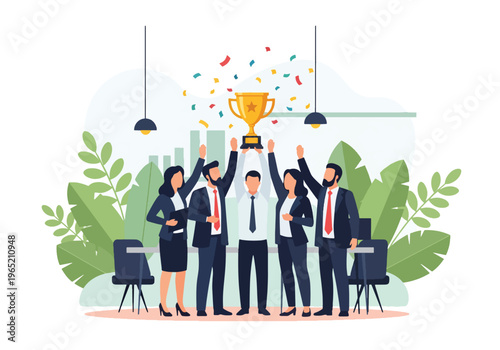 Modern flat vector illustration of employees celebrating company milestone with trophy and confetti, corporate achievement concept