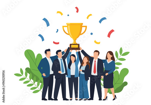 Modern flat vector illustration of employees celebrating company milestone with trophy and confetti, corporate achievement concept