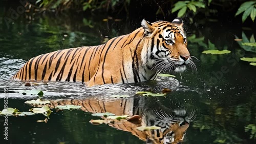 Tracking shot of tiger wading through jungle pond with reflection and lily pads