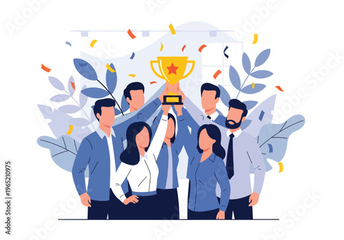 Modern flat vector illustration of employees celebrating company milestone with trophy and confetti, corporate achievement concept