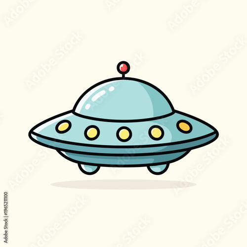 A cartoon-style flying saucer, light blue with black outlines, small yellow lights around its edge, and a red antenna. It floats with a slight shadow