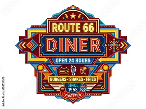 Vibrant Retro American Diner Neon Signboard Flat Vector Illustration for Roadside Cuisine and Classic Vintage Advertising