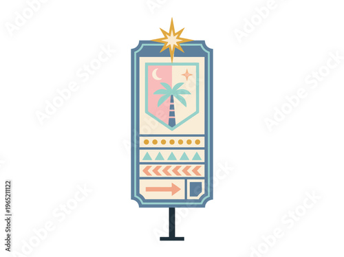 Retro minimalist flat vector illustration of a vintage motel signboard with a palm tree, moon, and stars, for summer travel.