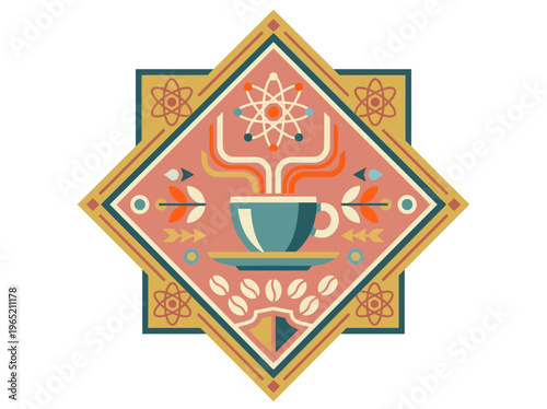 Vibrant mid-century modern flat vector illustration emblem for a cafe, merging coffee culture with scientific discovery and knowledge.