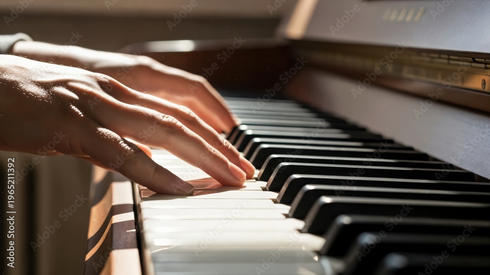 Fototapeta premium Young woman hands playing piano keys in warm sunlight for mindful music therapy practice