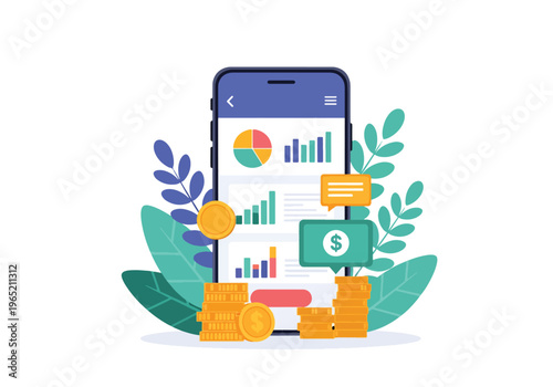 Modern flat vector illustration of fintech mobile banking app with charts and digital payment icons, financial technology business concept