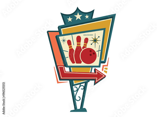 Vibrant Mid-Century Retro Bowling Alley Signboard Vector Illustration with Classic Pins, Ball, and Star Motifs for Nostalgic Entertainment.