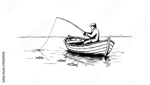 Man Fishing in Small Boat on Calm Water