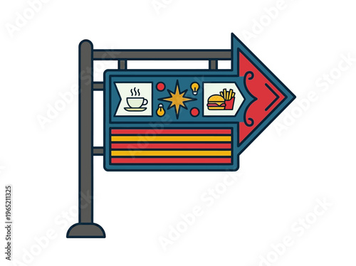 Vibrant Retro Diner Arrow Signboard Illustration Guiding to a Classic Eatery with Food and Drink Icons on an Urban Roadside