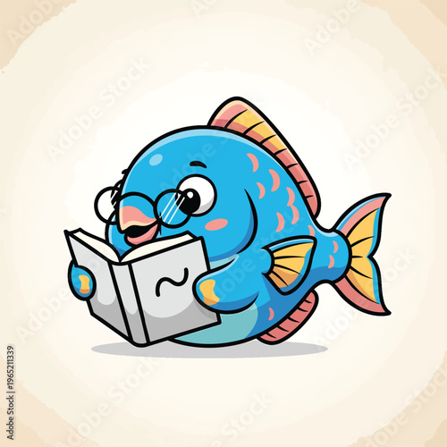 A cartoon-style illustration of a fish wearing glasses reading a book. It is blue, with colorful fins, set against a watercolor background
