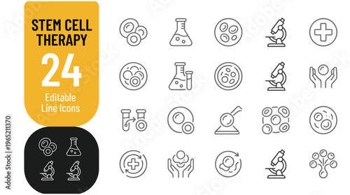 Stem cell therapy icons on white background, 24 editable line icons