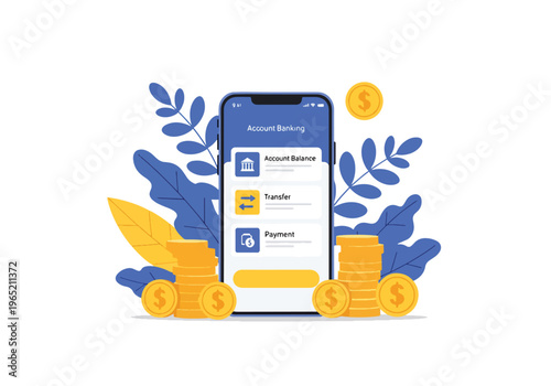 Modern flat vector illustration of fintech mobile banking app with charts and digital payment icons, financial technology business concept