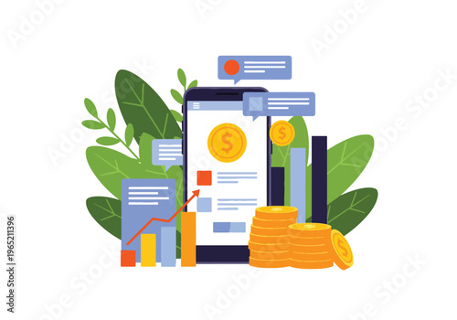 Modern flat vector illustration of fintech mobile banking app with charts and digital payment icons, financial technology business concept