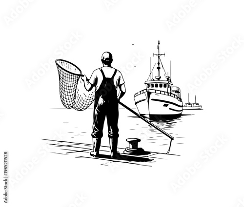 Fisherman with Net Near Docked Ship