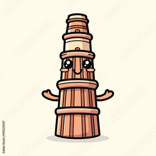 A cartoon tower with a cute face and small arms, drawn with thick lines and shading, set against a light background