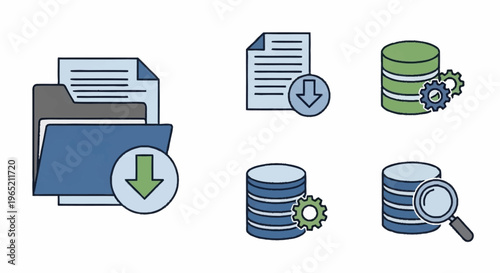 Flat design database management and file download icons.