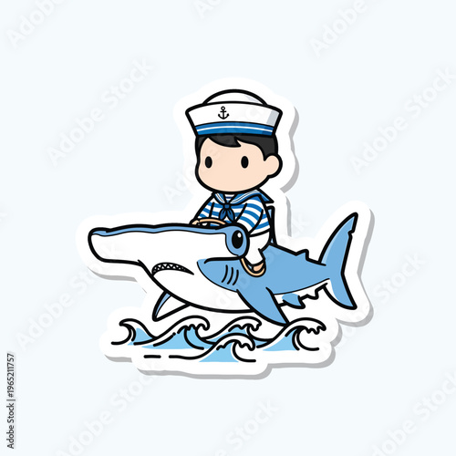 A cartoon sailor rides a shark, set against a white backdrop. The sailor wears a hat and striped shirt. The shark swims in waves