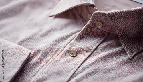 Close up of a dusty rose button down shirt with collar and cuffs showcasing fabric texture and buttons