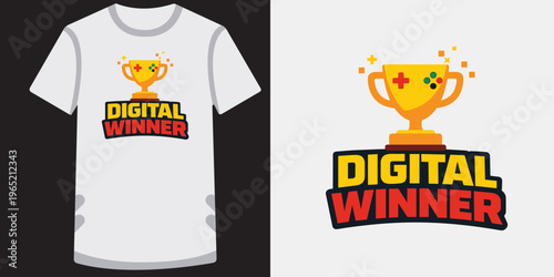 Digital winner gaming tshirt design with gold trophy cup and pixels on white background.