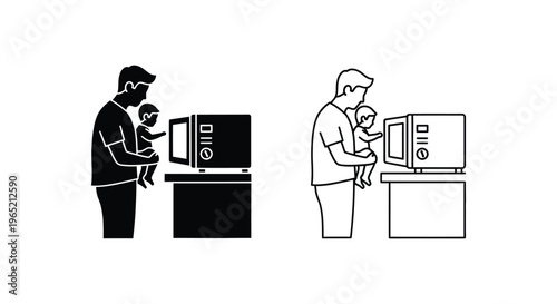 Parents and children using microwave oven Vector