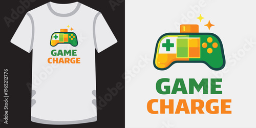 Game charge vector design with controller battery icon for gaming enthusiasts on t-shirt.