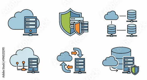 Cloud computing and data storage icons.