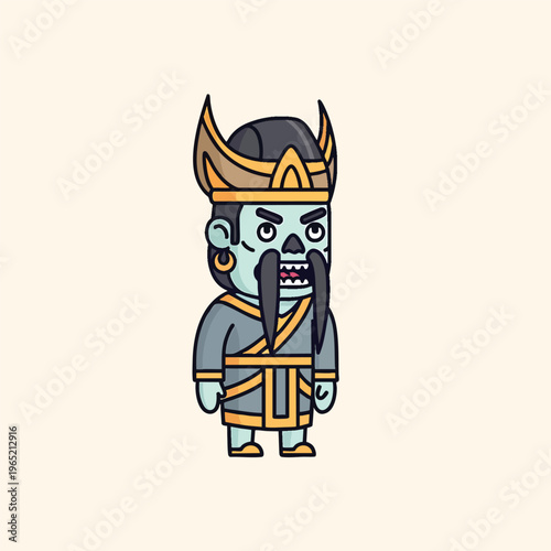 A cartoonish creature is depicted, standing upright with a stern expression. It has a blue face, long black mustache, an elaborate headpiece and outfit