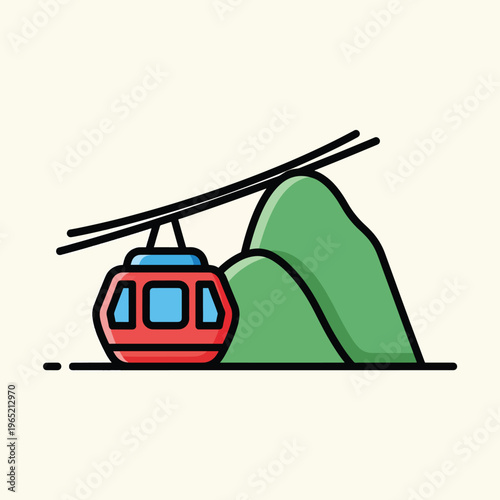 A cartoon-style illustration of a cable car, in red, with blue windows, climbing a mountain. The background is a cream color
