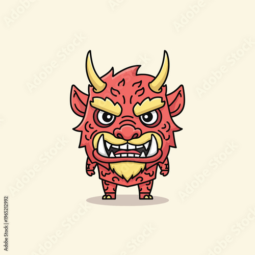 A cartoonish creature is depicted, standing with an angry expression, featuring horns, sharp teeth, and detailed red and yellow coloring