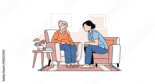 Modern flat vector illustration of elderly mental health support with caregiver listening to senior, emotional wellbeing and healthcare assistance concept