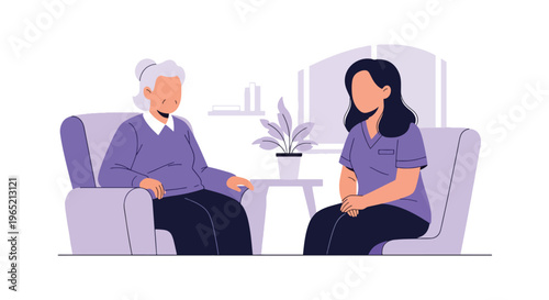 Modern flat vector illustration of elderly mental health support with caregiver listening to senior, emotional wellbeing and healthcare assistance concept