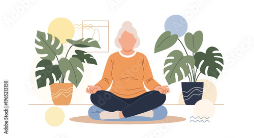 Modern flat vector illustration of elderly woman practicing mindfulness meditation, stress relief and mental wellness concept for seniors