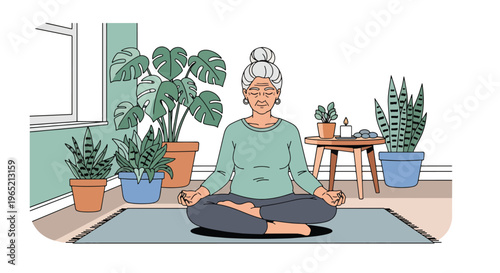 Modern flat vector illustration of elderly woman practicing mindfulness meditation, stress relief and mental wellness concept for seniors