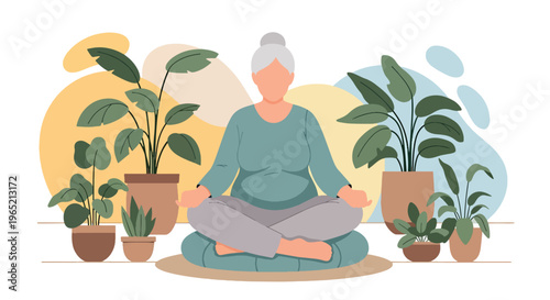 Modern flat vector illustration of elderly woman practicing mindfulness meditation, stress relief and mental wellness concept for seniors