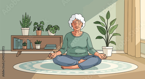 Modern flat vector illustration of elderly woman practicing mindfulness meditation, stress relief and mental wellness concept for seniors