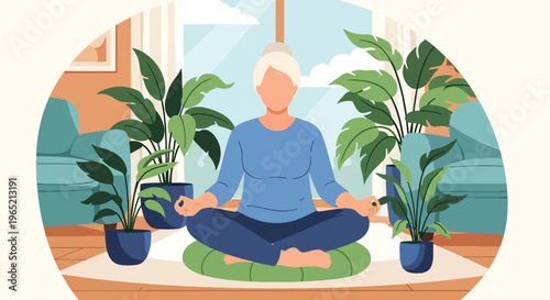 Modern flat vector illustration of elderly woman practicing mindfulness meditation, stress relief and mental wellness concept for seniors