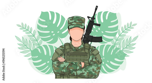 Minimalist flat vector female soldier illustration with tropical leaves and slung rifle