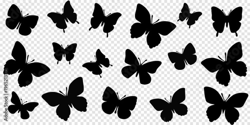 A collection of black silhouette butterflies arranged on a transparent background