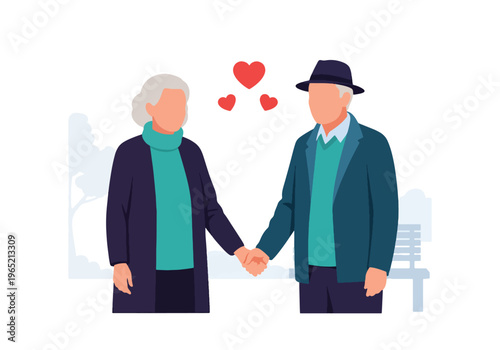 Modern flat vector illustration of elderly couple holding hands, emotional connection and companionship mental wellbeing concept