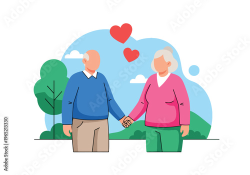 Modern flat vector illustration of elderly couple holding hands, emotional connection and companionship mental wellbeing concept