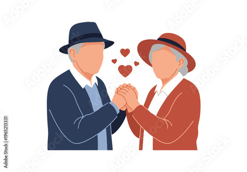 Modern flat vector illustration of elderly couple holding hands, emotional connection and companionship mental wellbeing concept