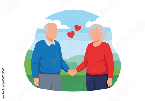 Modern flat vector illustration of elderly couple holding hands, emotional connection and companionship mental wellbeing concept