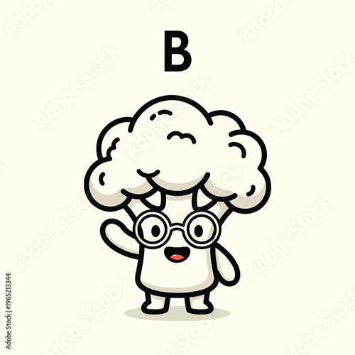 A cartoon-style illustration features a cheerful character resembling a cauliflower wearing glasses, waving, with a letter B above