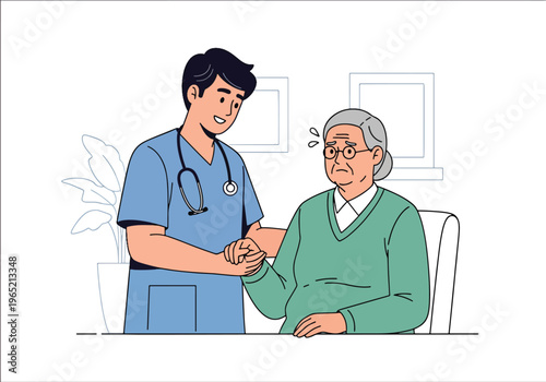 Modern flat vector illustration of caregiver supporting elderly patient with stress management, healthcare assistance and emotional support concept